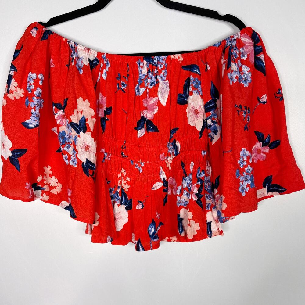 Cupcakes and Cashmere 2XS XXSmall Red Floral Barr Off The Shoulder Top Blouse